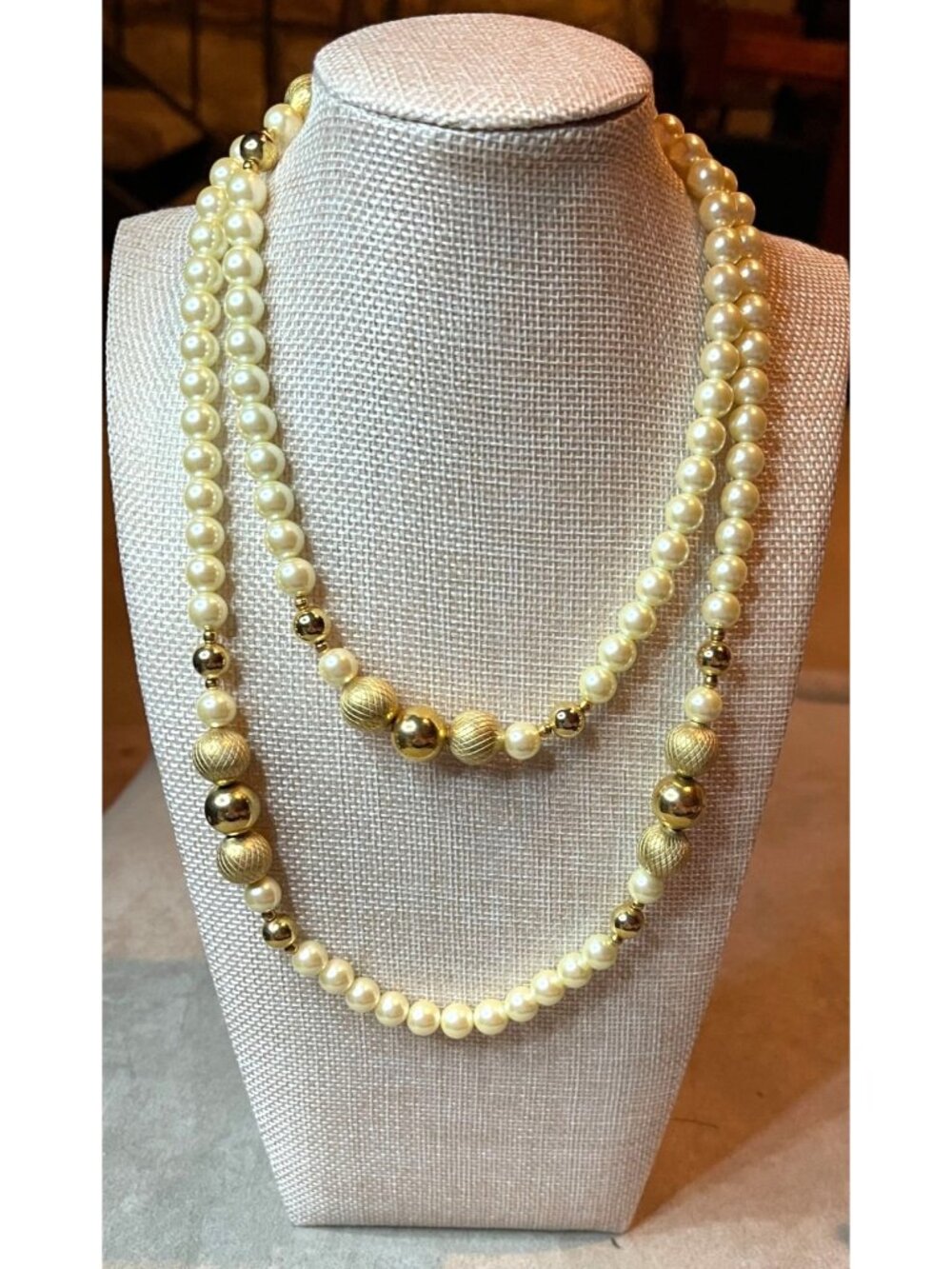 Vintage 80s Opera Style Multi Layered Faux Pearl Gold Accent Station Necklace